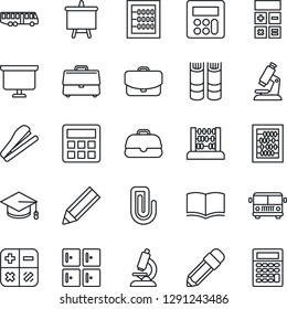 Thin Line Icon Set - airport bus vector, checkroom, book, calculator, graduate, abacus, presentation board, microscope, case, paper clip, pencil, stapler