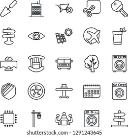 Thin Line Icon Set - airport bus vector, washer, trowel, tree, wheelbarrow, garden light, eye, signpost, plane, term, shield, cut, meeting, sun panel, key, children room, city house, phyto bar, chip