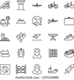 Thin Line Icon Set - airport tower vector, departure, train, signpost, ladder car, plane, boarding, seat map, luggage storage, scales, case, bike, route, navigation, pin, sea shipping, compass