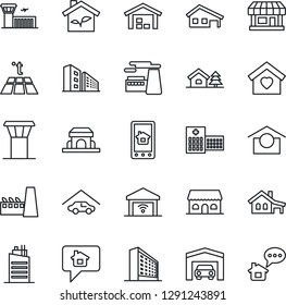 Thin Line Icon Set - airport tower vector, building, office, factory, hospital, store, warehouse storage, house with garage, tree, sweet home, city, cafe, eco, control app, warm floor, gate, message