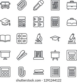 Thin Line Icon Set - airport bus vector, checkroom, book, calculator, graduate, abacus, presentation board, microscope, case, paper clip, pencil, stapler