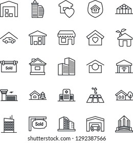 Thin Line Icon Set - airport building vector, house, greenhouse, hospital, warehouse storage, office, with tree, garage, sold signboard, sweet home, city, estate insurance, eco, warm floor