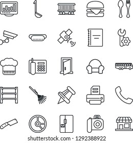 Thin Line Icon Set - airport bus vector, spoon and fork, circle chart, printer, rake, railroad, rack, camera, satellite, paper pin, call, root setup, copybook, monitor statistics, office phone, door