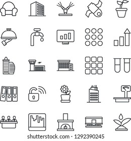 Thin Line Icon Set - airport building vector, office, growth statistic, monitor, seedling, blood test vial, satellite, heavy scales, railroad, menu, scanner, paper binder, meeting, water supply