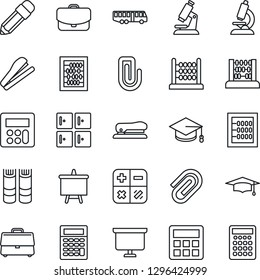 Thin Line Icon Set - airport bus vector, checkroom, book, calculator, graduate, abacus, presentation board, microscope, case, paper clip, pencil, stapler
