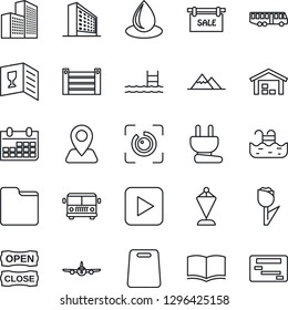 Thin Line Icon Set - airport bus vector, plane, office building, book, pennant, calendar, water drop, navigation, container, tulip, play button, folder, eye id, pool, mountains, warehouse, sale