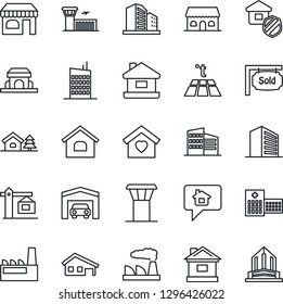Thin Line Icon Set - airport tower vector, shop, building, office, factory, house, hospital, with garage, tree, sold signboard, sweet home, city, crane, estate insurance, cafe, warm floor, message