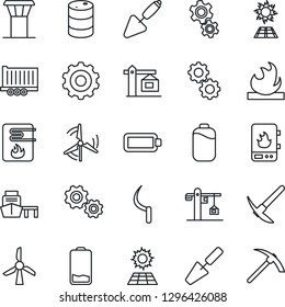 Thin Line Icon Set - airport tower vector, gear, trowel, sickle, truck trailer, sea port, flammable, oil barrel, low battery, sun panel, windmill, crane, water heater, hard work