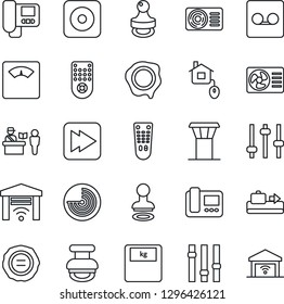 Thin Line Icon Set - airport tower vector, baggage conveyor, passport control, stamp, radar, scales, settings, remote, fast forward, rec button, tuning, record, air conditioner, home, intercome