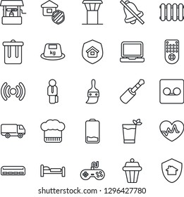 Thin Line Icon Set - airport tower vector, trash bin, bed, well, heart pulse, car delivery, heavy, gamepad, remote control, laptop pc, low battery, jack connector, themes, record, mute, manager