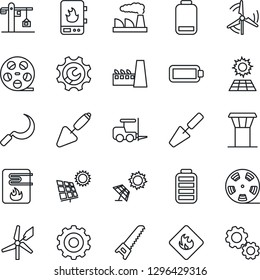 Thin Line Icon Set - airport tower vector, fork loader, gear, factory, trowel, saw, sickle, flammable, reel, battery, low, root setup, sun panel, windmill, crane, water heater