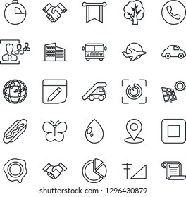 Thin Line Icon Set - airport bus vector, phone, ladder car, stamp, tree, butterfly, water drop, plane, delivery, stop button, stopwatch, notes, place tag, eye id, cellular signal, pie graph, hr