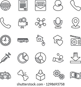 Thin Line Icon Set - airport bus vector, circle chart, syringe, ambulance car, broken bone, support, clock, package, radio, video camera, microphone, share, call, mail, download, place tag, contract