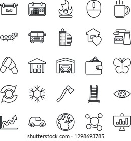 Thin Line Icon Set - airport bus vector, mouse, factory, ladder, butterfly, fire, axe, caterpillar, pills, eye, molecule, term, warehouse, update, coffee, garage, sold signboard, office building