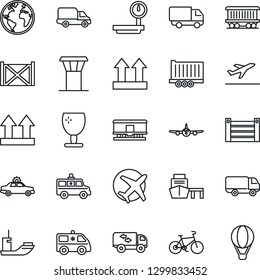 Thin Line Icon Set - airport tower vector, departure, alarm car, plane, ambulance, bike, earth, railroad, sea shipping, truck trailer, delivery, port, container, fragile, up side sign, heavy scales