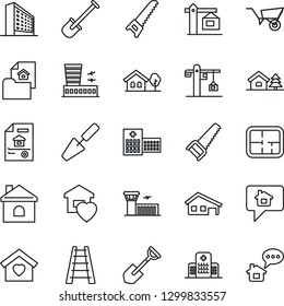 Thin Line Icon Set - airport building vector, office, trowel, shovel, ladder, wheelbarrow, saw, house, hospital, with garage, tree, plan, estate document, sweet home, crane, message