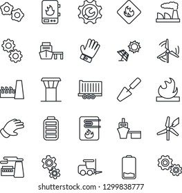 Thin Line Icon Set - airport tower vector, fork loader, gear, factory, trowel, glove, truck trailer, sea port, flammable, battery, low, root setup, windmill, water heater, sun panel