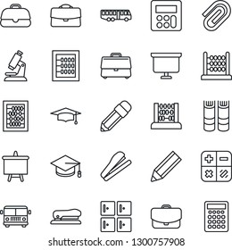 Thin Line Icon Set - airport bus vector, checkroom, book, calculator, graduate, abacus, presentation board, microscope, case, paper clip, pencil, stapler