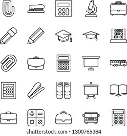 Thin Line Icon Set - airport bus vector, book, calculator, graduate, abacus, presentation board, microscope, case, paper clip, pencil, stapler
