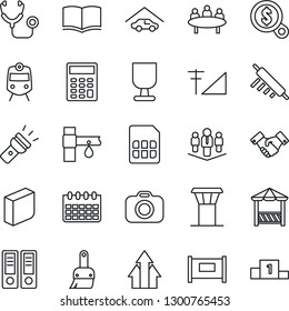 Thin Line Icon Set - airport tower vector, fence, train, handshake, book, office binder, meeting, calendar, drip irrigation, stethoscope, fragile, camera, themes, sim, torch, cellular signal, garage