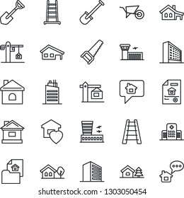 Thin Line Icon Set - airport building vector, office, shovel, ladder, wheelbarrow, saw, house, hospital, with garage, tree, estate document, sweet home, city, crane, message