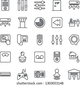 Thin Line Icon Set - airport tower vector, passport control, stamp, radar, scales, gamepad, settings, remote, rewind, tuning, record, air conditioner, vip zone, home, intercome, app, garage gate