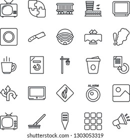 Thin Line Icon Set - airport building vector, coffee, document reload, rake, plant label, garden light, route, railroad, tv, menu, gallery, record, application, wireless, restaurant table, knife
