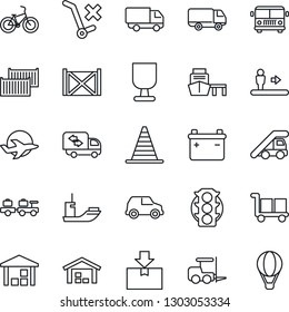 Thin Line Icon Set - airport bus vector, escalator, fork loader, baggage larry, ladder car, border cone, bike, plane, traffic light, sea shipping, cargo container, delivery, port, fragile, warehouse