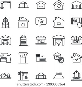Thin Line Icon Set - airport tower vector, barrier, building, factory, house, greenhouse, store, warehouse storage, office, with tree, garage, sweet home, city, crane, estate insurance, eco, gate