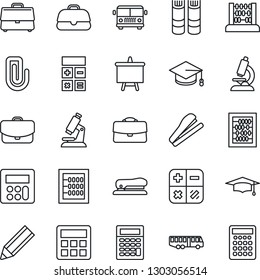 Thin Line Icon Set - airport bus vector, book, calculator, graduate, abacus, presentation board, microscope, case, paper clip, pencil, stapler