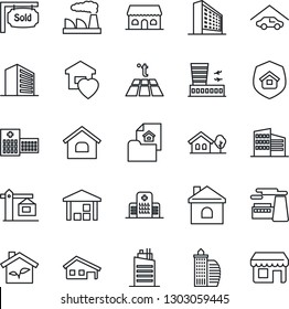 Thin Line Icon Set - airport building vector, office, factory, house, hospital, warehouse, with garage, tree, estate document, sold signboard, sweet home, city, crane, insurance, cafe, eco
