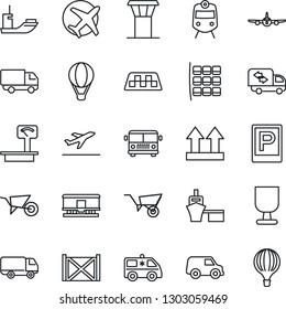 Thin Line Icon Set - airport tower vector, taxi, departure, bus, parking, train, plane, seat map, wheelbarrow, ambulance car, sea shipping, delivery, port, container, fragile, up side sign, railroad