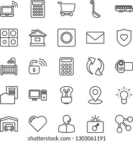 Thin Line Icon Set - airport bus vector, bomb in case, wireless notebook, mail, house, heart, shield, video camera, update, record, place tag, application, document folder, calculator, support, lock