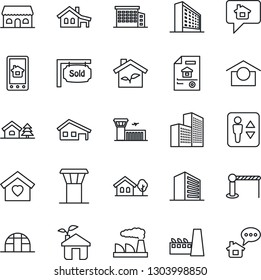 Thin Line Icon Set - airport tower vector, barrier, elevator, building, office, factory, greenhouse, warehouse storage, house with garage, tree, estate document, sold signboard, sweet home, cafe