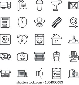 Thin Line Icon Set - airport bus vector, train, shower, mouse, document, house, container, camera, speaker, alarm, brightness, checklist, printer, office building, moving, cocktail, bacon, socket