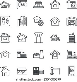 Thin Line Icon Set - airport tower vector, barrier, elevator, building, house, hospital, warehouse storage, office, with garage, sold signboard, sweet home, city, crane, factory, estate insurance
