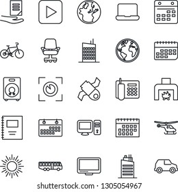 Thin Line Icon Set - airport bus vector, sun, helicopter, document, bike, earth, satellite, term, monitor, speaker, play button, calendar, copybook, office phone, notebook pc, fireplace, city house