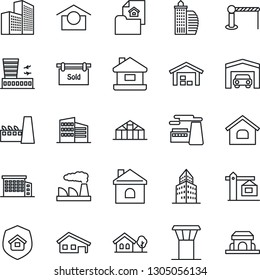 Thin Line Icon Set - airport tower vector, barrier, building, factory, house, greenhouse, warehouse storage, office, with garage, tree, estate document, sold signboard, crane, insurance, cafe