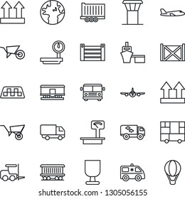 Thin Line Icon Set - airport tower vector, taxi, bus, fork loader, plane, wheelbarrow, ambulance car, earth, railroad, truck trailer, delivery, sea port, container, consolidated cargo, fragile