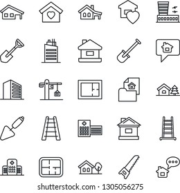 Thin Line Icon Set - airport building vector, office, trowel, shovel, ladder, saw, house, hospital, with garage, tree, plan, estate document, sweet home, city, crane, message