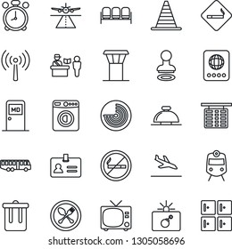 Thin Line Icon Set - airport tower vector, runway, antenna, arrival, bus, spoon and fork, passport control, train, alarm clock, smoking place, no, trash bin, tv, waiting area, bomb in case, identity