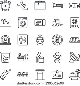 Thin Line Icon Set - Airport Tower Vector, Satellite Antenna, Taxi, Suitcase, Arrival, Cafe, Passport Control, Train, Elevator, Escalator, Alarm Clock, No Mobile, Trash Bin, Ticket, Baby, Room, Bed