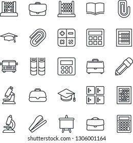Thin Line Icon Set - airport bus vector, checkroom, book, calculator, graduate, abacus, presentation board, microscope, case, paper clip, pencil, stapler