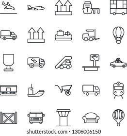 Thin Line Icon Set - airport tower vector, arrival, baggage conveyor, bus, train, waiting area, alarm car, fork loader, ladder, plane, wheelbarrow, sea shipping, delivery, port, container, fragile