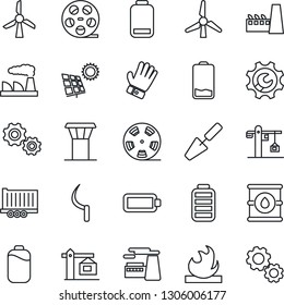 Thin Line Icon Set - airport tower vector, factory, trowel, glove, sickle, truck trailer, flammable, oil barrel, reel, battery, low, root setup, sun panel, windmill, crane, gear