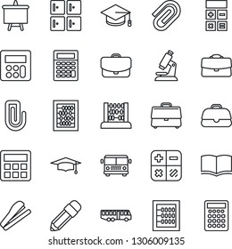 Thin Line Icon Set - airport bus vector, checkroom, book, calculator, graduate, abacus, presentation board, microscope, case, paper clip, pencil, stapler