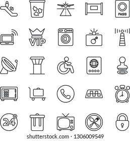 Thin Line Icon Set - airport tower vector, runway, antenna, satellite, fence, taxi, baggage trolley, spoon and fork, 24 around, escalator, alarm clock, phone, trash bin, tv, vip, bomb in case, stamp
