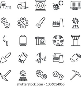 Thin Line Icon Set - airport tower vector, fork loader, gear, factory, trowel, glove, saw, sickle, truck trailer, sea port, oil barrel, reel, low battery, root setup, sun panel, windmill, crane