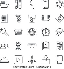 Thin Line Icon Set - airport bus vector, alarm clock, trash bin, sickle, pulse clipboard, no hook, package, route, group, play button, phone back, document folder, contract, book, key, reserved