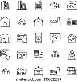 Thin Line Icon Set - airport building vector, office, factory, house, greenhouse, hospital, store, with garage, warehouse, city, eco, home control app, message, storefront